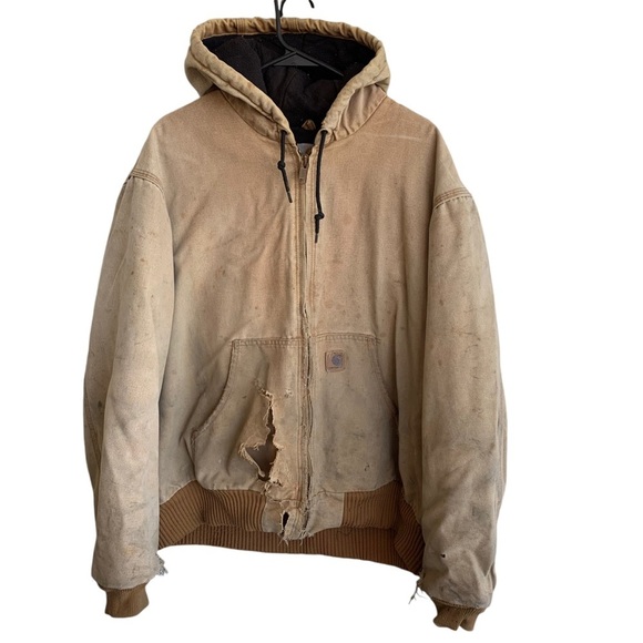 Carhartt Thrashed Jacket J130 Brown Hooded XL Regular BRN Faded Holes Coat